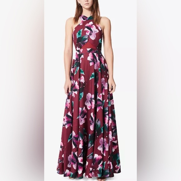 Fame‎ and Partners Floral-Print A-Line Halter Gown Maroon Sz 2 Formal Prom Party - Picture 1 of 14